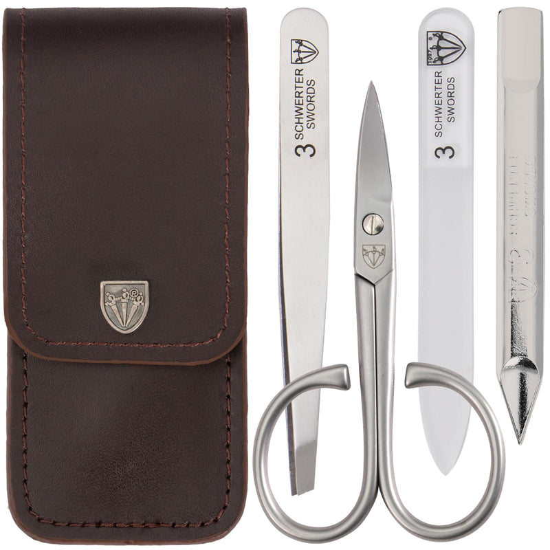  [AUSTRALIA] - 3 Swords Germany - brand quality 3 piece stainless steel INOX manicure pedicure grooming kit set for professional finger & toe nail care scissors file tweezers genuine leather case in gift box (03874) BROWN