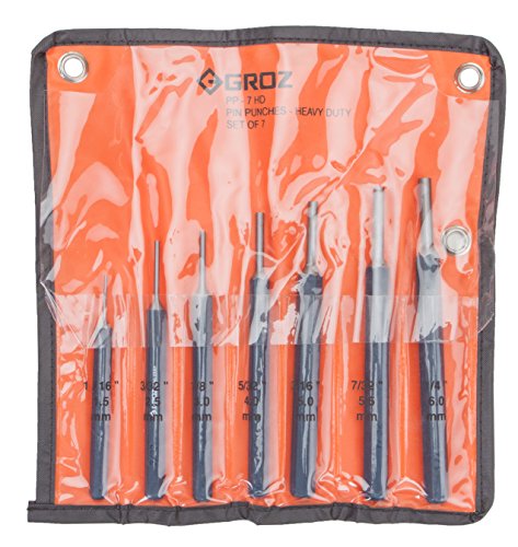 Groz Heavy Duty Pin Punch Set, 7-Piece Carbon Steel Drift Punches, 1/16", 3/32", 1/8", 5/32", 3/16", 7/32", 1/4", Hex Shank, 52-58 HRC, Vinyl Pouch (25611)