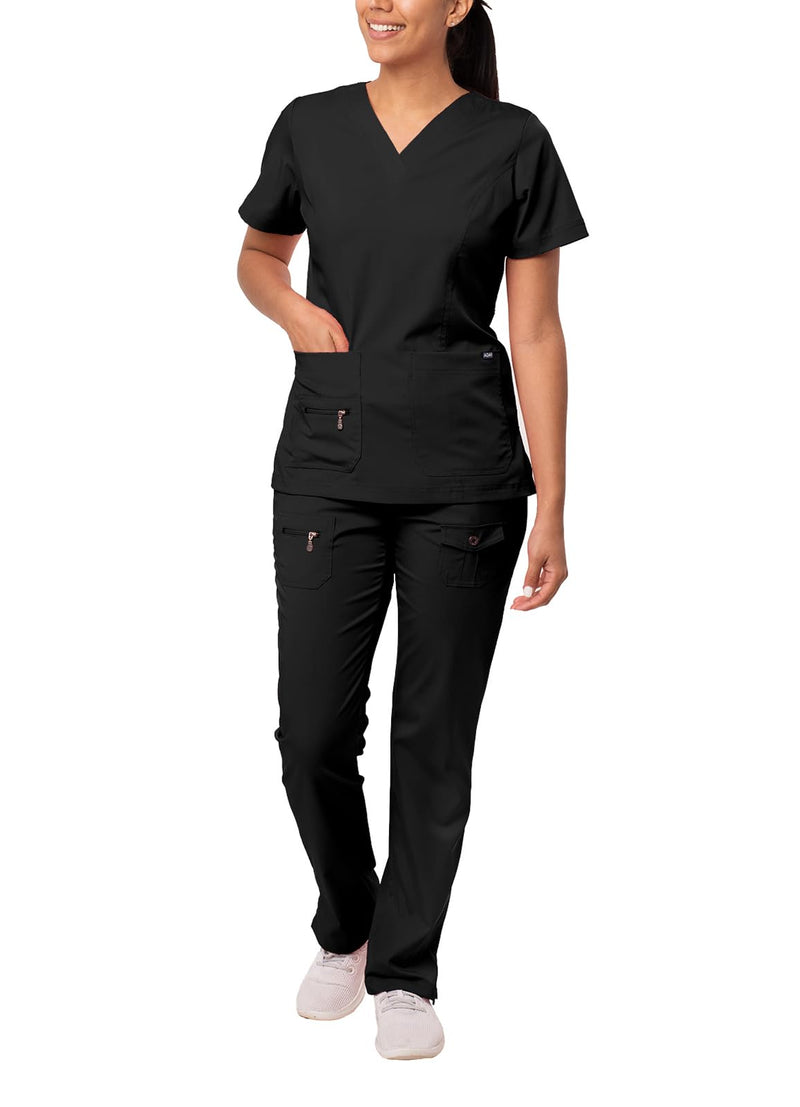 Adar Pro Breakthrough Plus Scrub Set for Women - Enhanced V-Neck Top & Multi Pocket Pants Medium Black