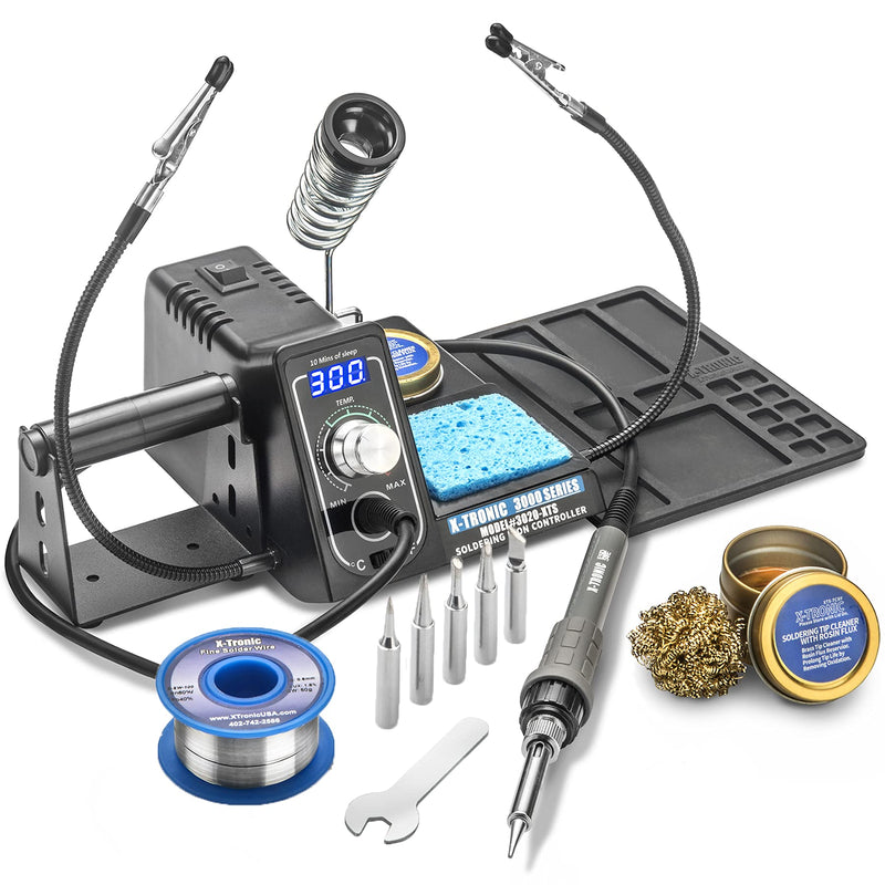 The Original X-Tronic 3020-XTS • 75W Soldering Iron Station Kit • 2 Helping Hands • Silicone Tool Mat • 5 Extra Tips • 50g Roll of Solder • Brass Sponge • Cleaning Flux • C/F Conversion • Auto Sleep! Classic Style - 5 Extra Solder Tips