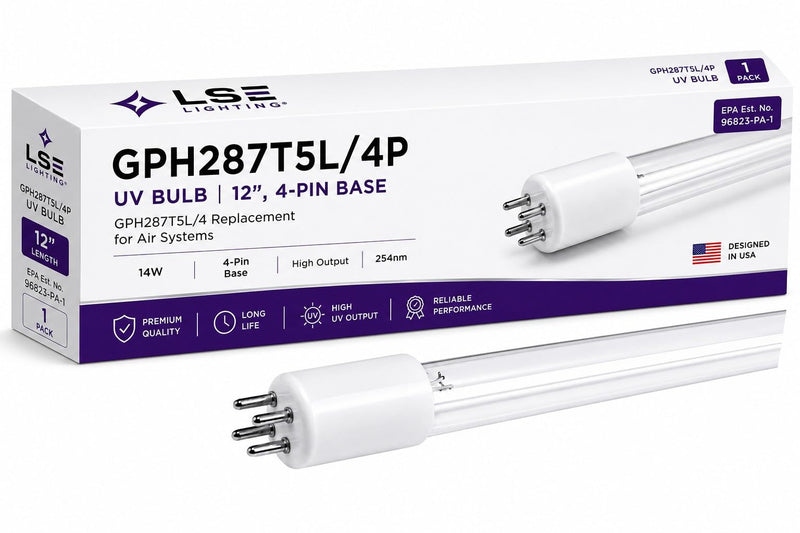 LSE Lighting GPH287T5L/4P UV Bulb – 12" Ultraviolet Germicidal Lamp, 4-Pin Base, GPH287T5L/4 Replacement for Air Water Purifiers - Designed in USA