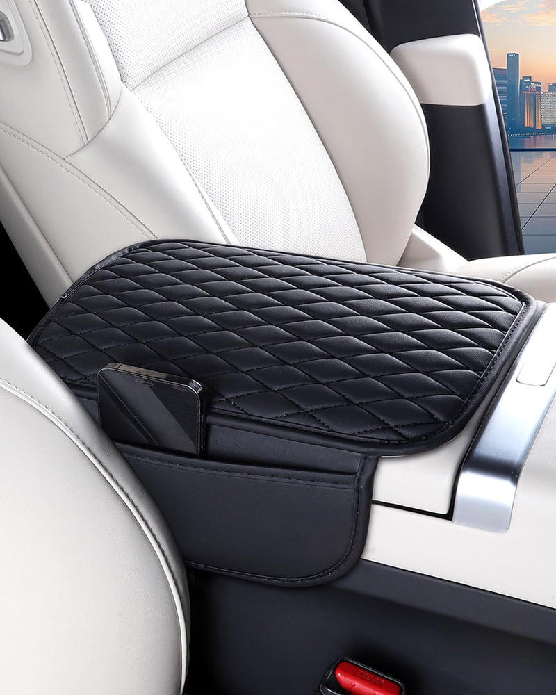 ESKONKE [Upgraded] Car Center Console Cover with 2 Storage Bags - Premium Nappa Leather Armrest Cover, Scratch & Wear Resistant, Waterproof Car Interior Accessories (Classic - Black) Classic - Black