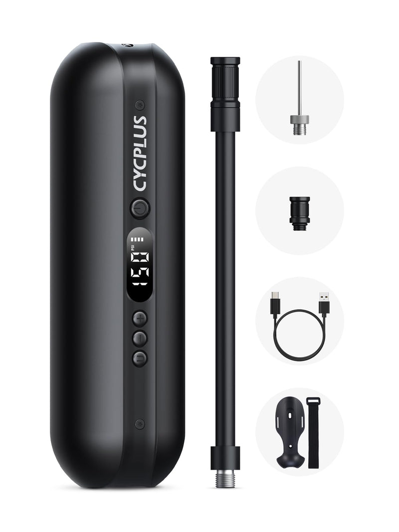 CYCPLUS Electric Air Compressor Portable Bicycle Pump Car Tire Inflator, Max 150 PSI, Auto Shut-Off Air Pump with Presta and Schrader Valves for All Bicycles Motorcycles and Cars Black