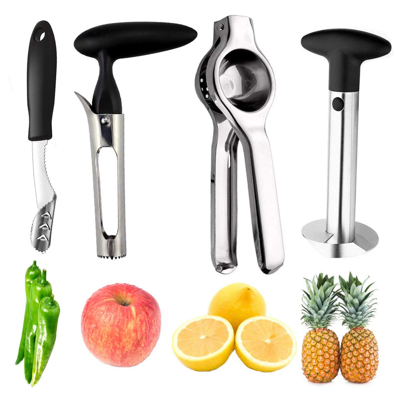 Pineapple Corer Peeler Slicer Cutter, Lemon Press Squeezer Manual Juicer, Apple and Jalapeno Pepper Corer Remover, yamesu 4-piece Set Kitchen Tools Apple Pineapple Pepper Lemon