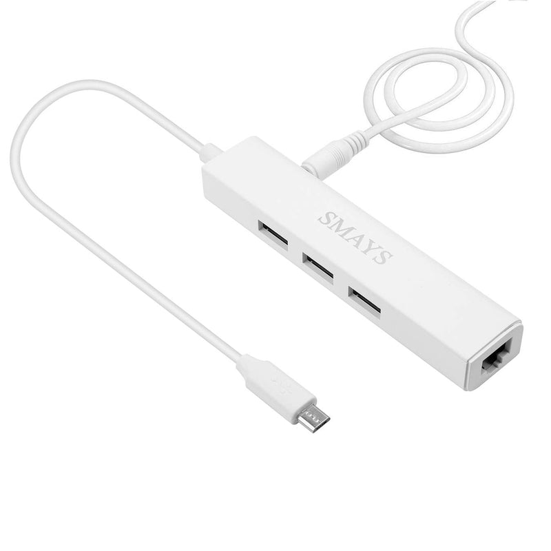 Ethernet Adapter for Chromecast Ultra/Audio/1/2 - with 3-Port USB Hub & Power Passthrough - Add Wired Internet, Thumb Drives & More - (Micro USB to RJ45)