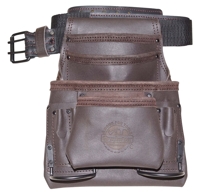Graintex OS2253 10 Pocket Oil Tanned Leather Nail & Tool Pouch Dark Brown Color with 2” Belt for Constructors/Electricians/Plumbers