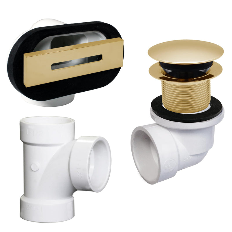 Westbrass D560RK-01 SCH. 40 PVC 1-1/2" Coarse Thread Plumber's Pack Tip-Toe Bathtub Drain Plug with Linear Overflow Faceplate, Tee & Elbows, Polished Brass 1-Pack
