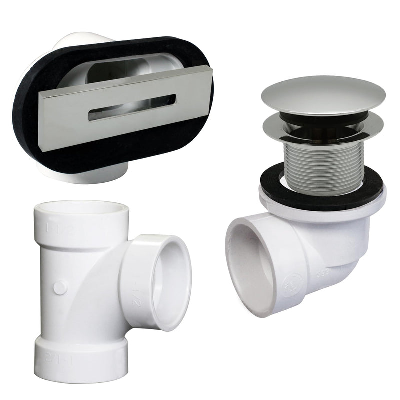 Westbrass D560RK-05 SCH. 40 PVC 1-1/2" Coarse Thread Plumber's Pack Tip-Toe Bathtub Drain Plug with Linear Overflow Faceplate, Tee & Elbows, Polished Nickel 1-Pack