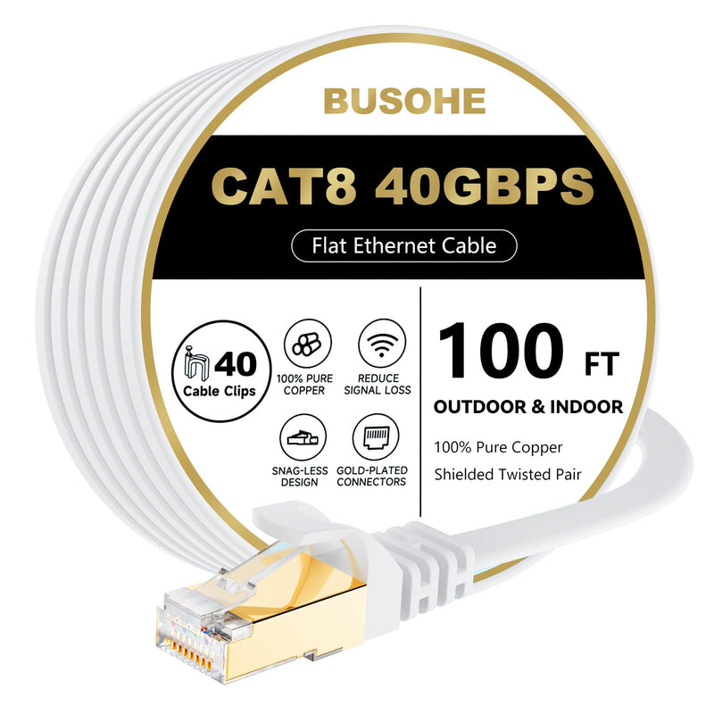 BUSOHE Cat 8 Ethernet Cable 100 FT, 40Gbps 2000Mhz High Speed Flat Cat8 Cable Patch Cord with Gold-Plated RJ45 Connector, LAN Network Internet Cable with 40 Clips for Router/Gaming/Computer, S/FTP 100FT 1