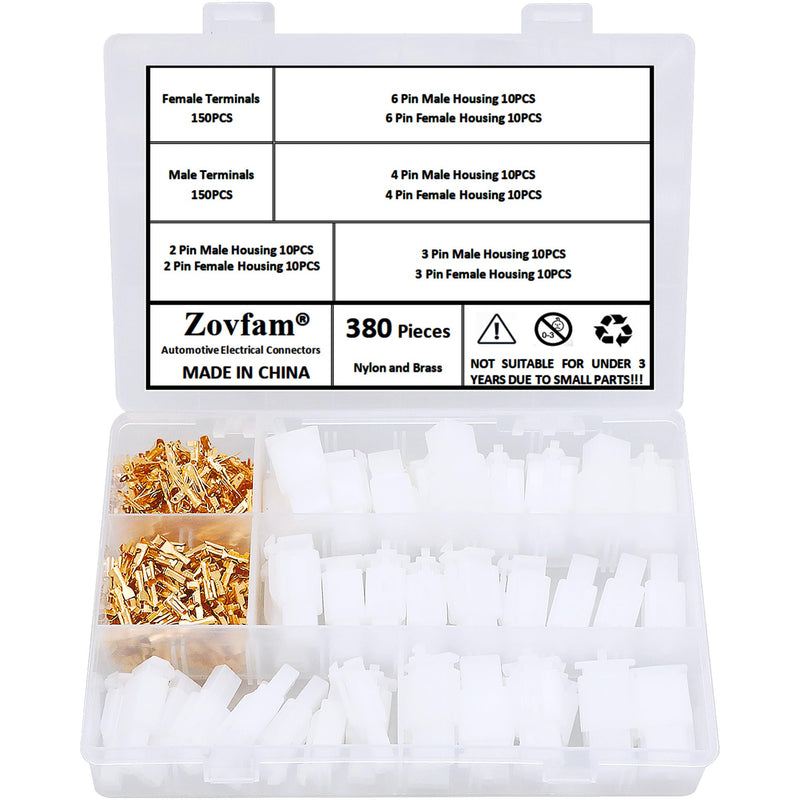 2.8mm Automotive Electrical Wire Connectors Kit 2 3 4 6 Pin Male Female Socket Plug and Pin Header Crimp Wire Terminals for Car, Motorcycle, Truck, Scooter, Boats, Ebike, Electric Instruments 380PCS
