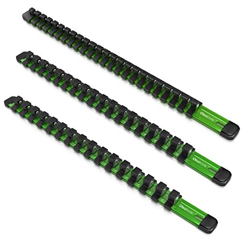 Olsa Tools 3pc Drive Socket Holder Rail, Green Aluminum, 58 Clips 3pc - 1/4, 3/8, & 1/2-Inch Drive