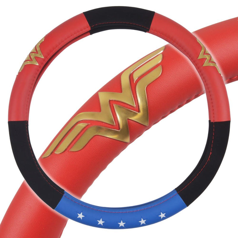 BDK Warner Bros DC Comics Wonder Woman Steering Wheel Cover - Car Accessories for Women, Superhero Heroine Gift Ideas, Original Red White Blue WonderWoman Logo, Universal Standard Fit 14.5-15.5 Inches Wonder Woman - Three tone