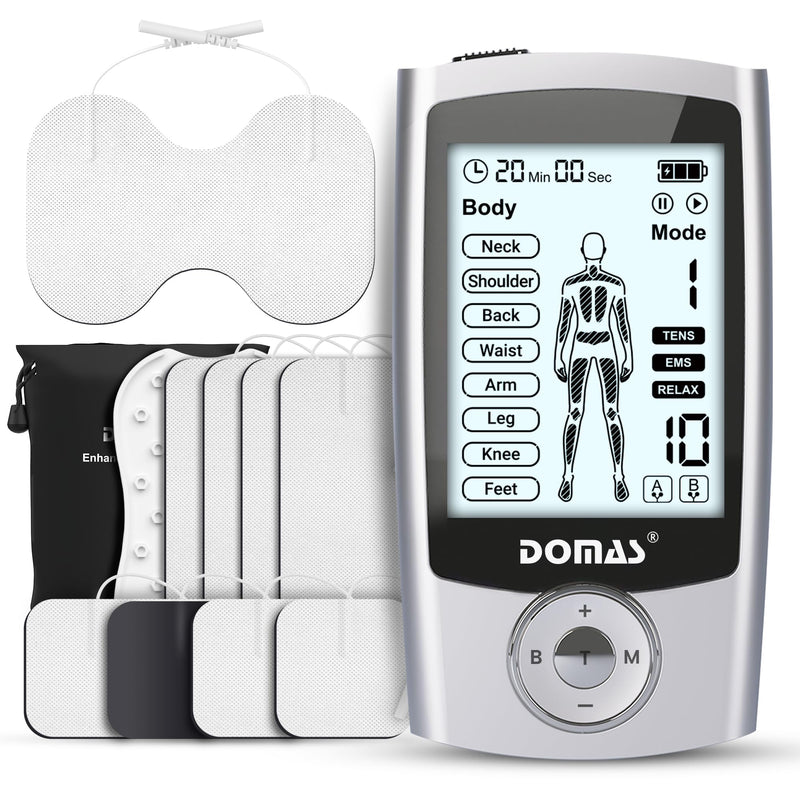 DOMAS TENS Unit with 4"x6" Butterfly Pad for Lower Back Pain Relief, 8 Guided Body Programs, USB-C Rechargeable, Dual Channel Silver