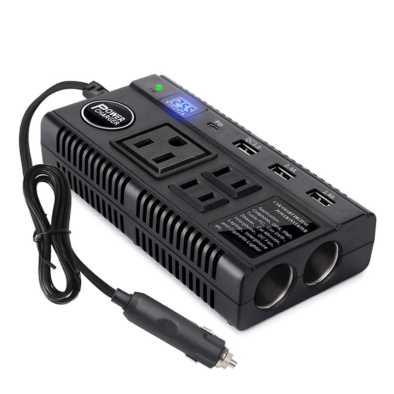 Car Power Inverter 120W DC 12V 24V to AC 110V Car Charger Adapter with 3 AC Outlets Dual Cigarette Lighter 4 USB Ports Charger Quick Charging 3.0 for Phones Tablets Laptops Kindle (Black) Black