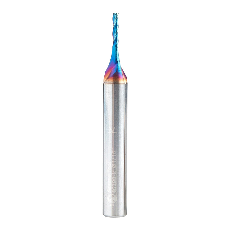 Amana Tool Up Cut Solid Carbide Spiral 2D/3D Carving Router Bit, 46290-K, Flat Bottom 0.10 Deg A x 1/16 D x 5/16 x 1/4 Shank x 2” Long x 3 Flute