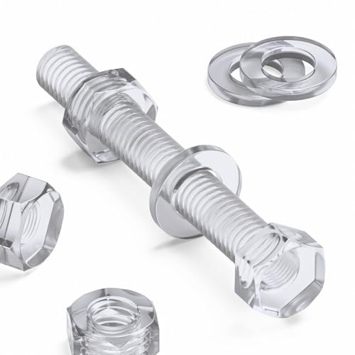 Pack of 30 Transparent Clear Plastic Acrylic M6 x 50mm Nuts & Bolts, Acrylic Plastic Screws, Hexagon Head, 15/64 x 1 31/32