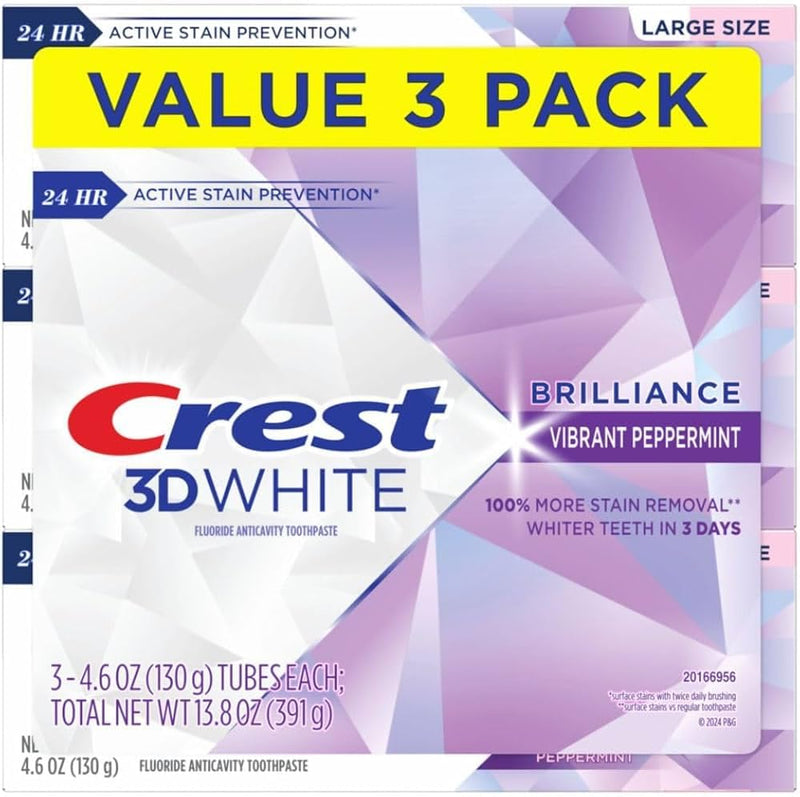 Crest 3D White Brilliance Vibrant Peppermint Teeth Whitening Toothpaste, 4.1 Ounce (Pack of 3)(Packaging May Vary) 4.1 Ounce (Pack of 3)