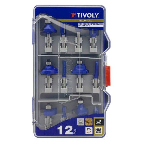 TIVOLY - Multi Shape Router Bit Set 12 Pieces- 5/46" -8mm Shank - Carbide Blade - 3 Straight Bit - 1 Flush Trim Bit-1 Dovetail Bit-1 90° V Grooving Bit- 2 Roman Ogee Bit-2 Chamfer Bit-1 Core Box Bit 12 pcs - Multi Shape Router Bits