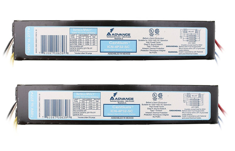 Pack of 2 Advance ICN4P32N Electronic Fluorescent Ballast, 4 Lamp, 32W T8, 120/277V.