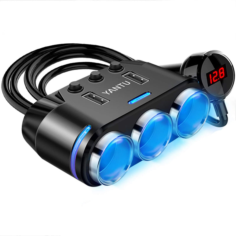 YANTU Cigarette Lighter Adapter & Splitter with 150W 3-Sockets & LED Ambient Lighting, Dual USB Fast Charging Car Outlet 12V, Car Cigarette Lighter Socket Plug Extension for Vehicles BLACK