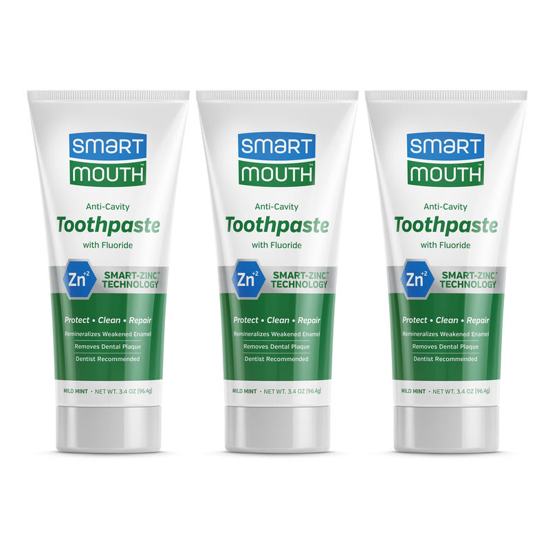 SmartMouth Anti-Cavity + Zinc Toothpaste - Fluoride for Cavity Prevention - Remineralizes Enamel - Sensitive Whitening - Alcohol-Free, Sugar-Free & Gluten-Free - 3.4 oz, 3-Pack