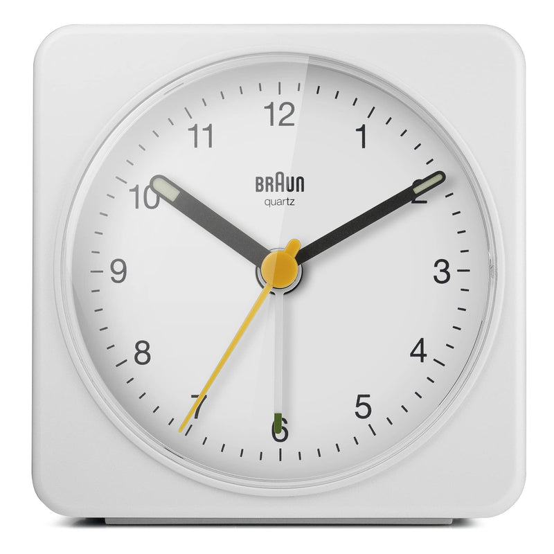 Braun Classic Analogue Alarm Clock with Snooze and Light, Quiet Quartz Sweeping Movement, Crescendo Beep Alarm in White, Model BC03W. Small