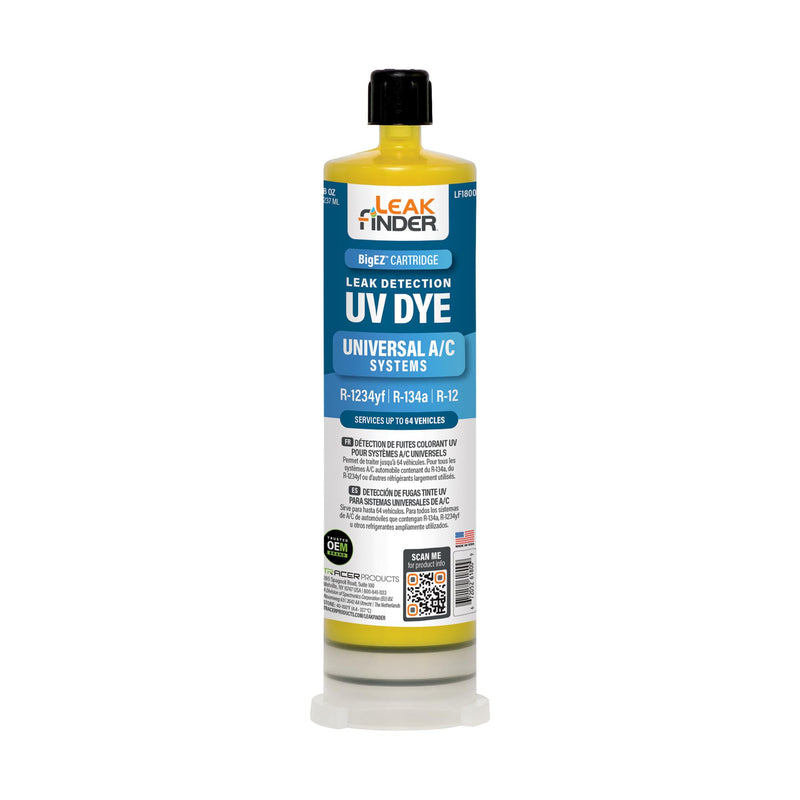 LF1800 BIGEZ Automotive Universal Air Conditioner Refrigerant Leak Detection Dye, Services R134a, R-1234yf Systems, (1) 8oz AC Fluorescent Dye Bottles, Made in USA Repl. Cartridge