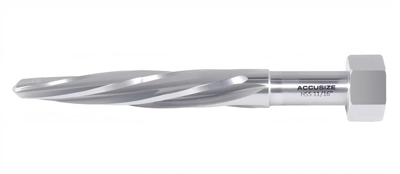 Accusize Industrial Tools H.S.S. Aligning Reamer - 11/16'' Diameter, 4-1/2'' Flute Length, 6-1/2'' OAL, Hex Shank, Spiral Flute, 0523-6025 | HSS Aligning Reamer, 11/16" Dia, 4-1/2" Flute, 6-1/2" OAL, Hex Shank, Spiral Flute 11/16 inch