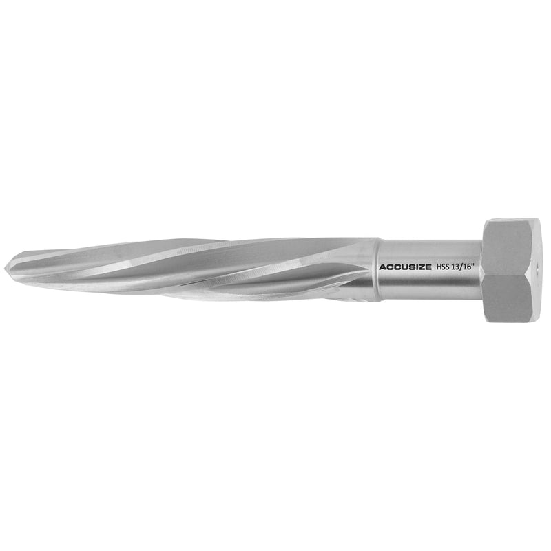 Accusize Industrial Tools H.S.S. Aligning Reamer - 13/16'' Diameter, 5'' Flute Length, 7'' OAL, Hex Shank, Spiral Flute, 0523-6035 | HSS Aligning Reamer, 13/16" Dia, 5" Flute, 7" OAL, Hex Shank, Spiral Flute 13/16 inch