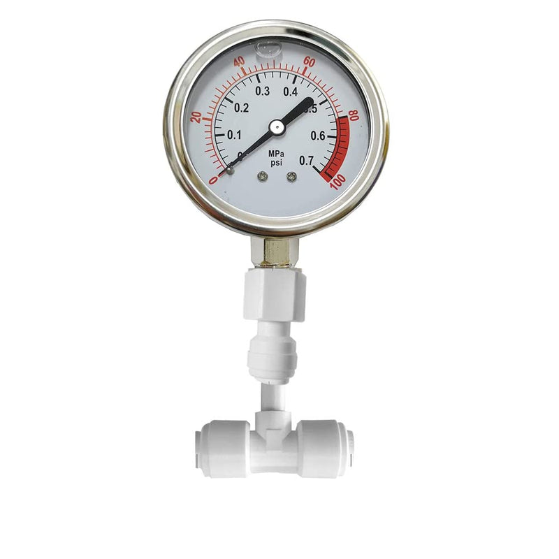 Water Pressure Gauge Oil Filled Vibration Proof Stainless-Steel 2-1/2" Dial Size Dual-Scale with 1/4" NPT Bottom Mount and 1/4" RO Fittings for RO System (0-0.7kg(MPa)/0-100psi) 0-0.7 kg(MPa) / 0-100 psi