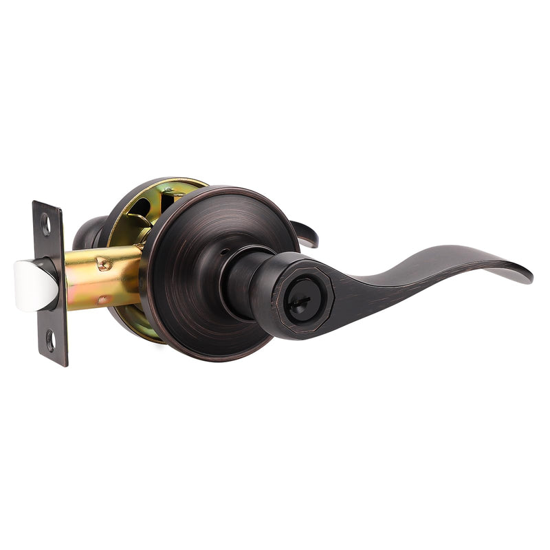 Probrico (1 Pack Entry Door Lever [Lock with 3 Keys],Locking Door Handle Set for Office or Front Door,Oil Rubbed Bronze Wave Entrance Door Lock with Key, Reversible Right & Left Side Handed 1 Keyed Entrance-not keyed alike
