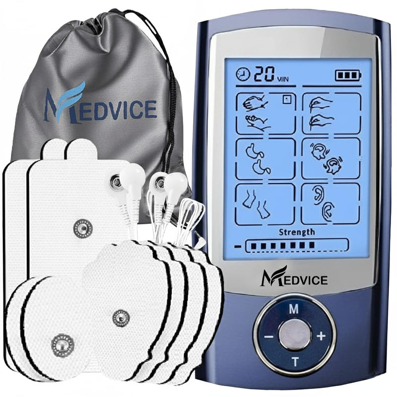 MEDVICE Dual Channel Rechargeable Tens Unit Muscle Stimulator - 2nd Gen 16 Modes & 8 Upgraded Pads for Natural Pain Relief & Management - FDA Cleared Electric Pulse Impulse Mini Massager Machine