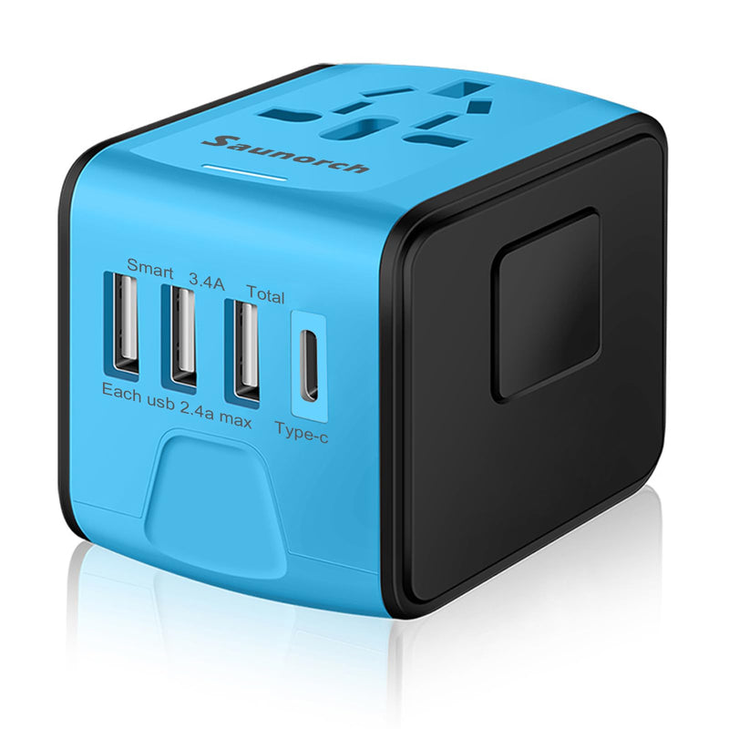 Travel Adapter Worldwide, Universal International Power Plug Adapter W/2.4A 3xUSB-A and 3.0A Type-C Wall Charger, European Travel Plug Adapter for Europe UK EU US CA AU Italy Asia-Blue 3A+1C ( Blue )