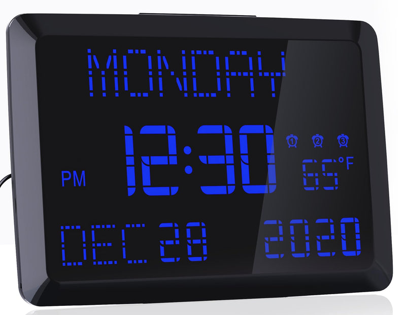 11.5" Large Display Digital Calendar Clock for Seniors, Digital Clock with Date and Day of Week for Elderly, 3 Alarms, 5 Dimmer, Temperature, Alarm Clock for Bedroom Living Room Blue Font