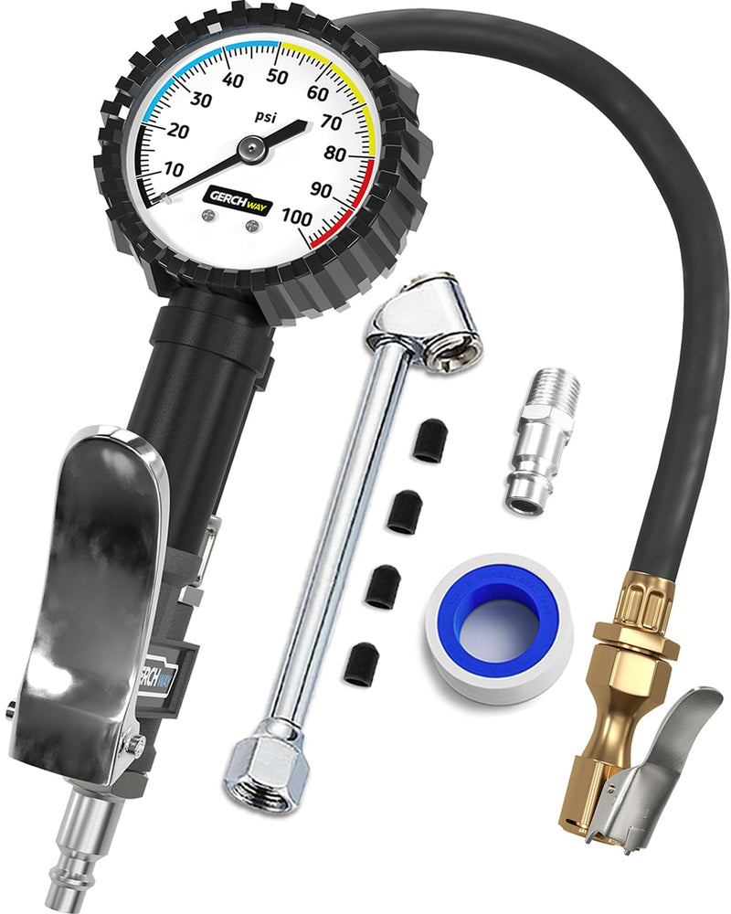 Tire Inflator with Pressure Gauge and Longer Hose - Most Accurate, Heavy Duty Air Chuck with Gauge for Air Compressor Tire Inflator Attachment - 100PSI 100 psi Classic style