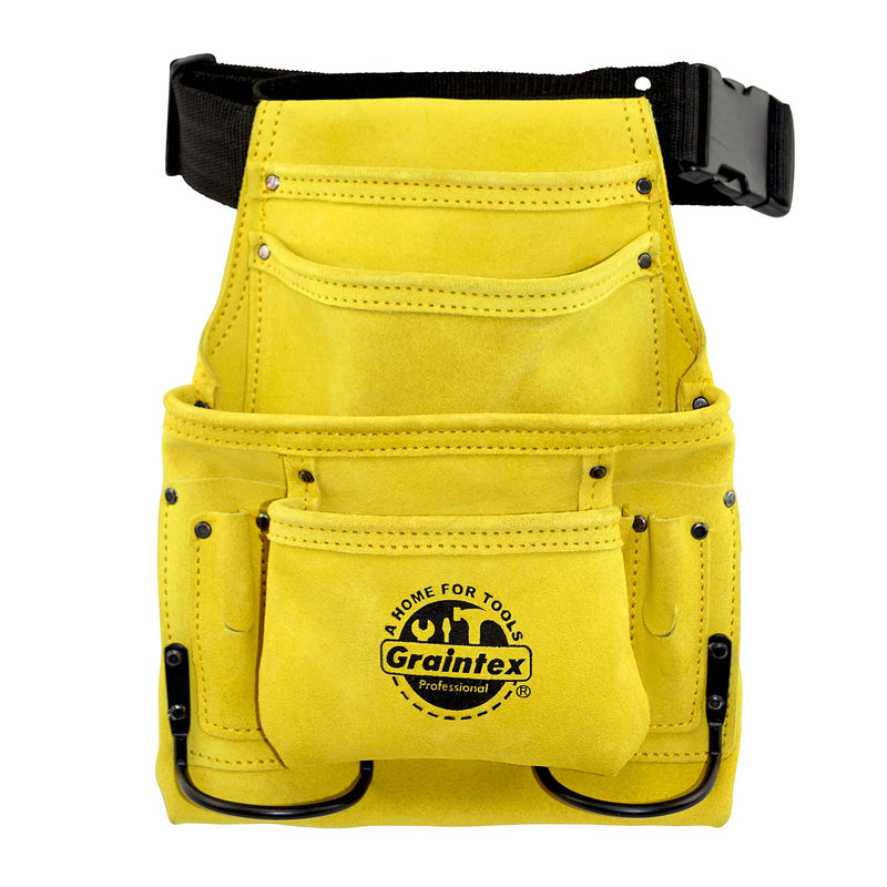 GRAINTEX SS2279 10 Pocket Nail & Tool Pouch Yellow Color Suede Leather with 2” Webbing Belt for Constructors, Electricians, Plumbers, Handymen