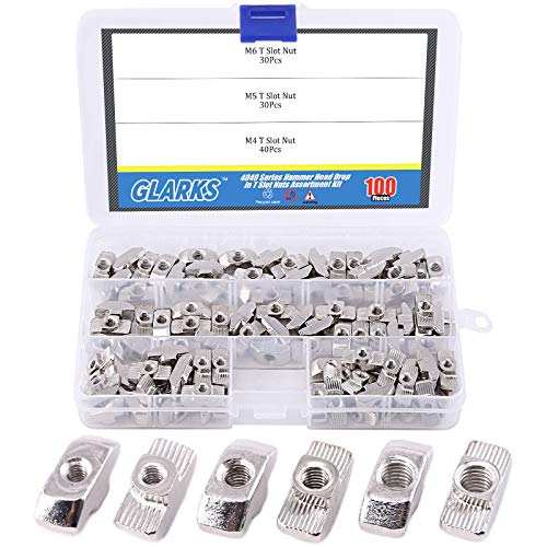 Glarks 100-Pieces 4040 Series European T Nut Assortment Kit, M3 M4 M5 Hammer Head Drop in T Slot Nuts for 40 Series Aluminum Profile - Nickel Plated Carbon Steel
