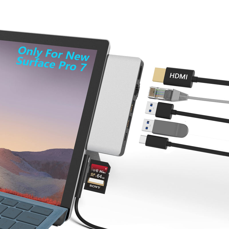 Surface Pro 7 Hub Docking Station with 4K HDMI Adapter+100M Ethernet LAN+ USB C Audio & Data Transfer Port + USB Port* 2+SD Card Reader Converter Combo Adaptor for Microsoft Surface Pro 7 For Surface Pro 7