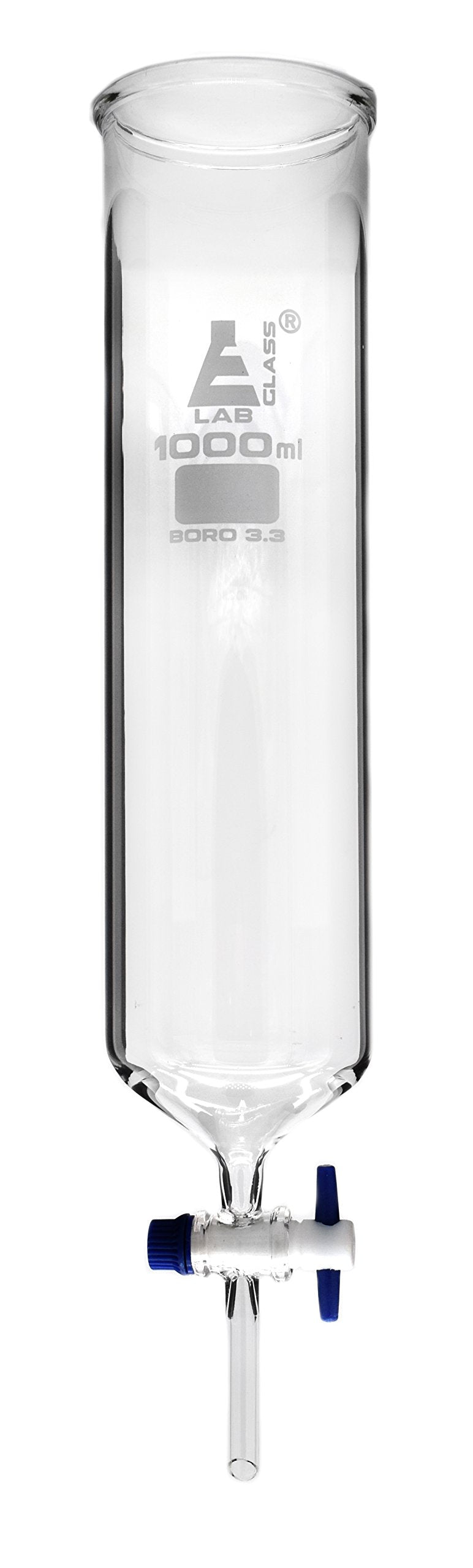 EISCO Dropping Funnel, 1000ml - PTFE Key Stopcock, Open Top, Cylindrical - Ungraduated - Borosilicate Glass