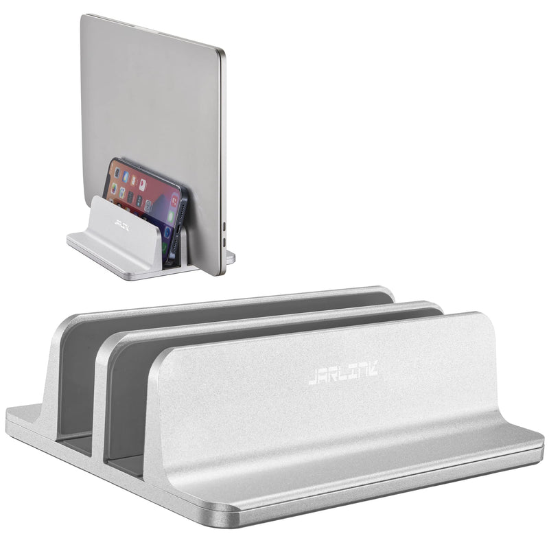 JARLINK Vertical Laptop Stand Holder, Aluminum Double Desktop Stand Holder with Adjustable Dock (Up to 17.3 inch), Compatible with MacBook, Surface, Chromebook, and Gaming Laptops, Silver 2-slot