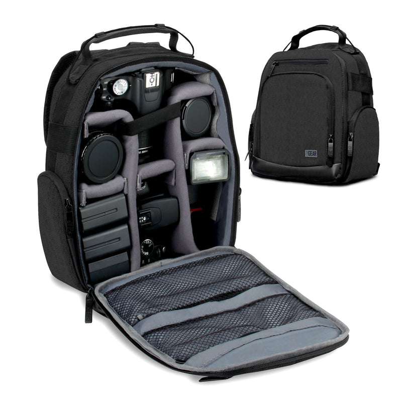 USA Gear Portable Camera Backpack for DSLR with Customizable Accessory Dividers, Weather Resistant Bottom and Comfortable Back Support - Compatible with Canon, Nikon, Sony, Fujifilm, and More (Black) Compact Black