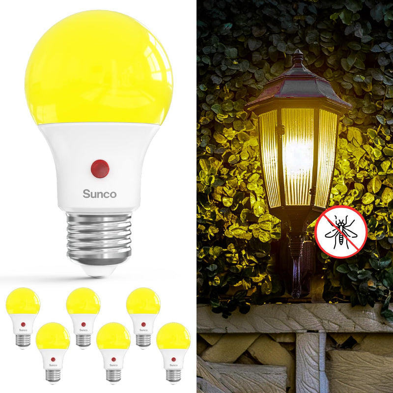 Sunco 6 Pack Yellow Light Bulbs Outdoor A19, LED Bug Lights for Outside Dusk to Dawn, 480 LM, 9W, 2000K Amber Glow, Auto On/Off Photocell Sensor, E26 Base, for Porch Patio Deck Backyard UL 6 Count (Pack of 1) Yellow 2k