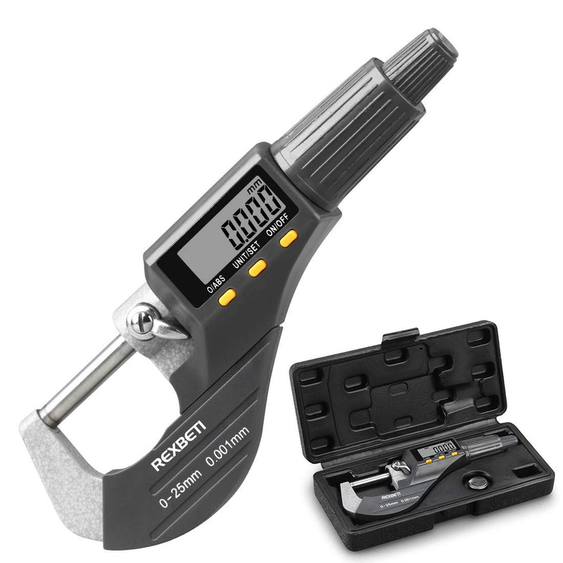 REXBETI Digital Micrometer, Professional Inch/Metric Measuring Tools 0.00005"/0.001 mm Resolution Thickness Gauge, Protective Case with Extra Battery 0-1" Digital Micrometer