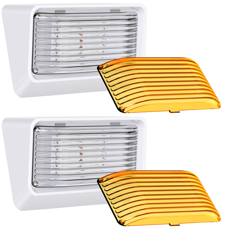 Leisure LED RV Exterior Porch Utility Light - 12v 280 Lumen Lighting Fixture. Replacement Lighting for RVs, Trailers, Campers, 5th Wheels. White Base, Clear and Amber Lens Included (White, 2-Pack)