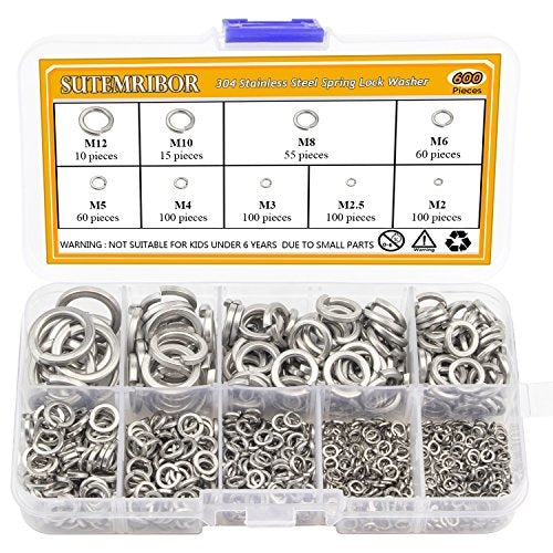 304 Stainless Steel Spring Lock Washer Assortment Set 600 Pieces, 9 Sizes - M2 M2.5 M3 M4 M5 M6 M8 M10 M12