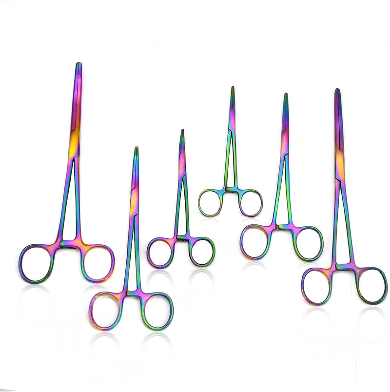 Multi Color Rainbow Color Ultimate Hemostat Set, 6 Piece Ideal for Hobby Tools, Electronics, 8", 5.5", 5" hemostats Curved and Straight