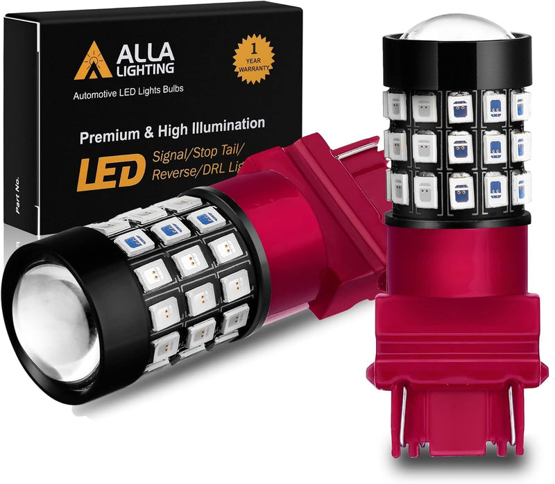 Alla Lighting Upgraded Version T25 3156 3157 LED Strobe Brake Lights Bulbs, Red Flashing Stop Lamp 3057K 4057K 3457 4114 4157KX 3157KK 3157KX 3155 Super Bright 2835-SMD 12V Pure Red