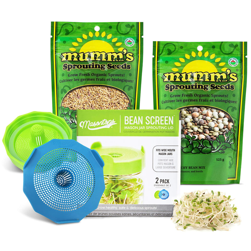 Masontops Bean Screen Sprouts Growing Kit - Sprouting Lids & Sprout Mixes Microgreens Growing Kit - Sprouting Kit Wide Mouth Mason Jar Strainer Lid Bean Screens Kit (2 Screens, 2 Seed Mixes)