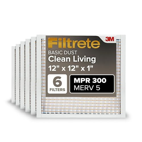 Filtrete 12x12x1 Air Filter, MPR 300, MERV 5, Clean Living Basic Dust 3-Month Pleated 1-Inch Air Filters, 6 Filters