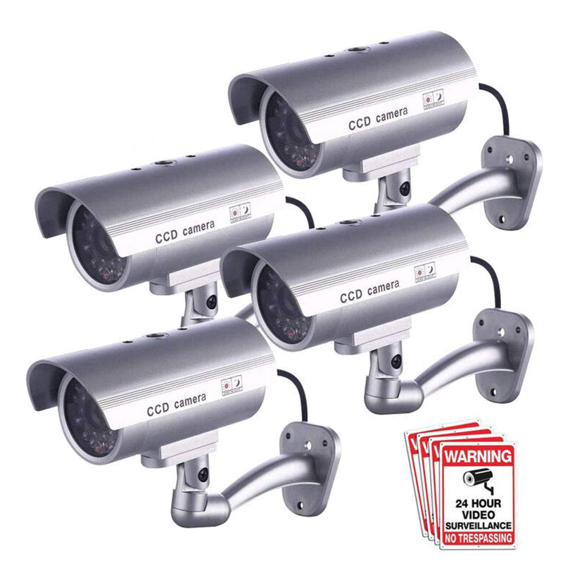 FITNATE Dummy Security Camera, 4 Packs Fake Surveillance Security CCTV Camera System with LED Red Flashing Light for Both Indoor & Outdoor Use + Security Camera Warning Stickers × 4 (Silver)
